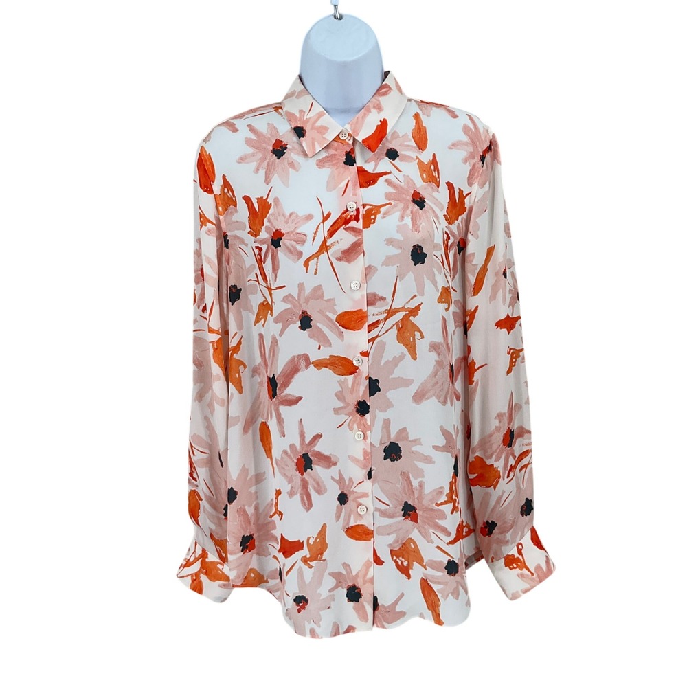 Theory Blouse Women M White Orange Floral Silk Button Front Top Corpcore Office